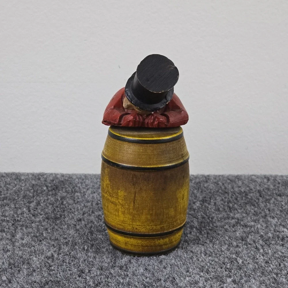 Vintage Mid Century Wood Figural Man Barrel‎ Trinket Box Folk Art